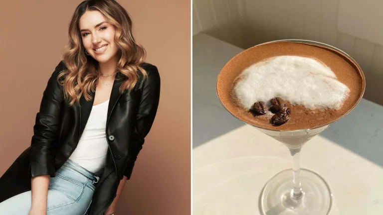 A portrait of Tinx next to an Espresso martini with white foam and espresso bean garnish on top.