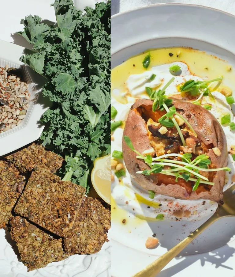 Seed crackers and baked sweet potato recipes that include nutritional yeast