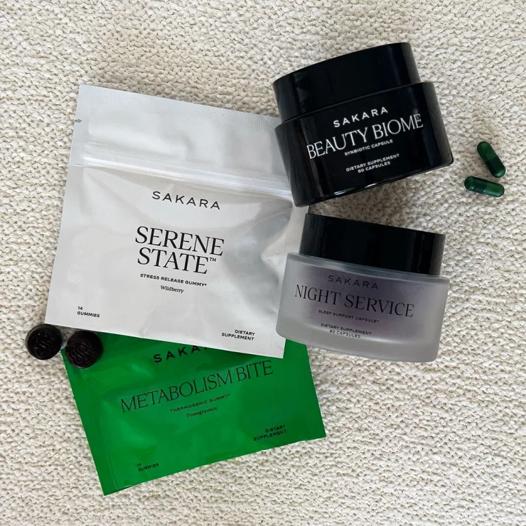 4 products laid out on a flat surface: Sakara Serene State, Metabolism Bite, Night Service, Beauty Biome
