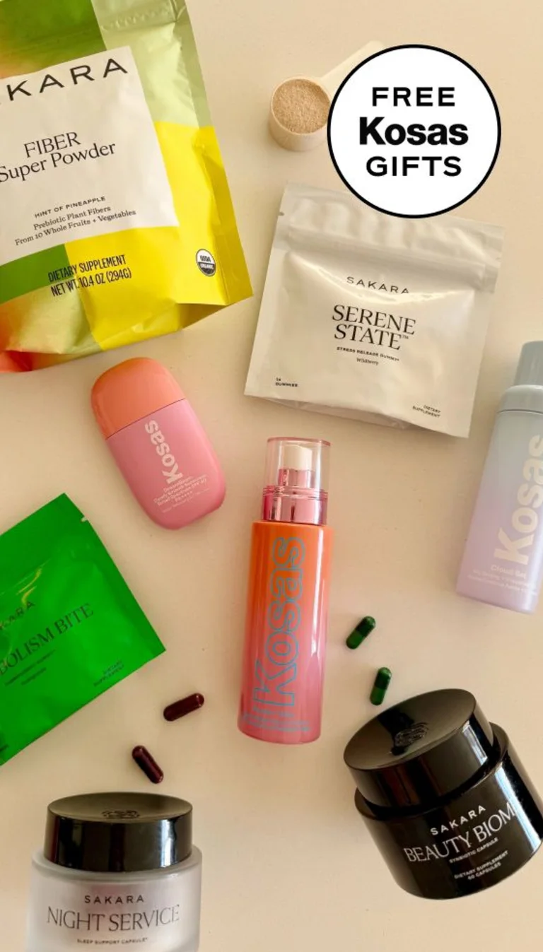 An image of several products laying across a table: Sakara Fiber Super Powder, Serene State, Metabolism Bite, Night Service, Beauty Biome, and then Kosas Sunscreen, Face Mist, and Collagen Serum, and promoting that the Kosas products are a free gift with purchase on supplements orders of $200+