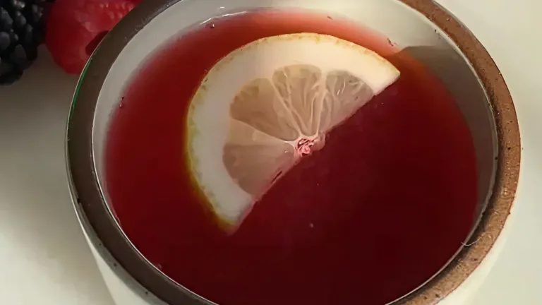 Mug of deep red cider garnished with a lemon slice, with berries in the background.