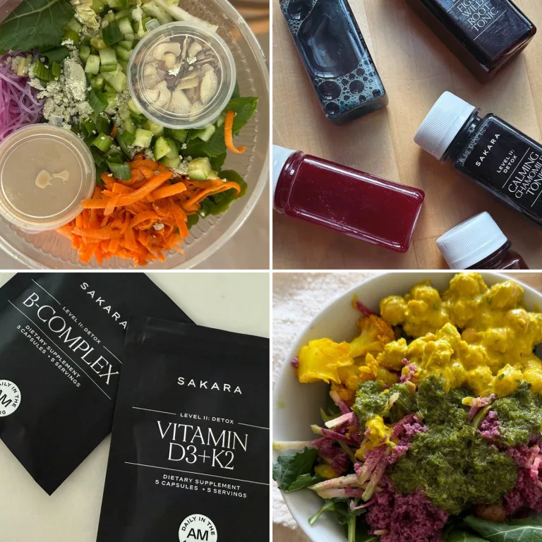 Flat lay collage of Sakara Level II Detox products including a plant-based salad with shredded carrots, cucumbers, greens, and dressing, bottled wellness tonics and elixirs, and supplement packets labeled B Complex and Vitamin D3 + K2 displayed on a neutral background.