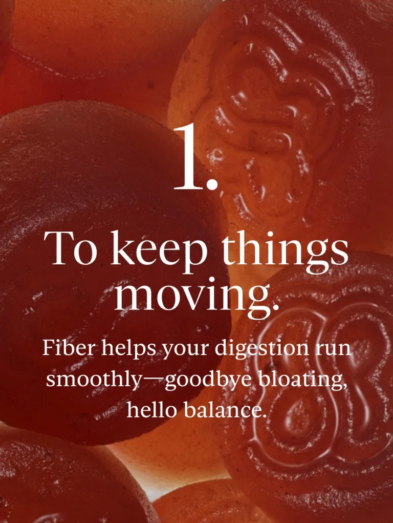 Close-up of Sakara Fiber Bite gummy with text overlay stating that the product "keeps things moving"