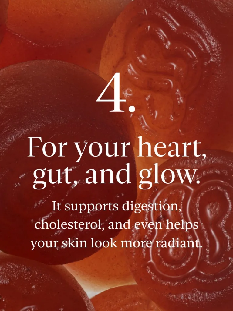 Close-up of Sakara Fiber Bite gummy with text overlay stating that the product is "for your heart, gut, and glow."