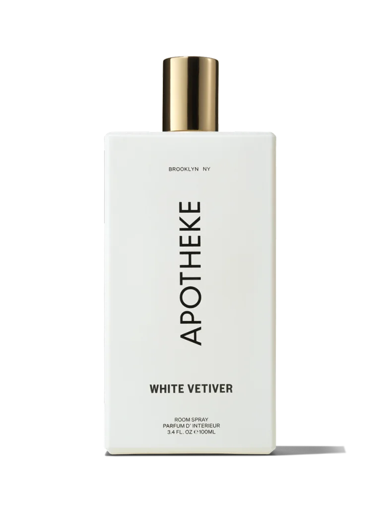 Apotheke White Vetiver Room Spray bottle with gold cap on a white background