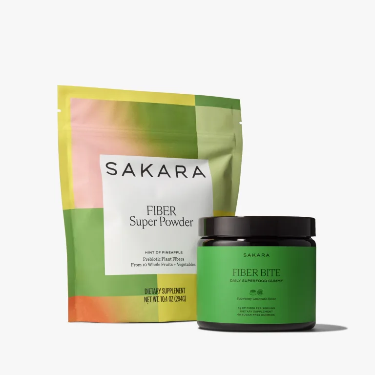 Sakara Fiber Super Powder and Fiber Bite packaging against a grey background