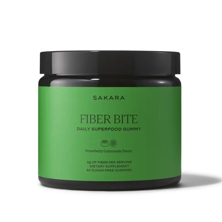 Sakara Fiber Bite packaging with green label on a white background