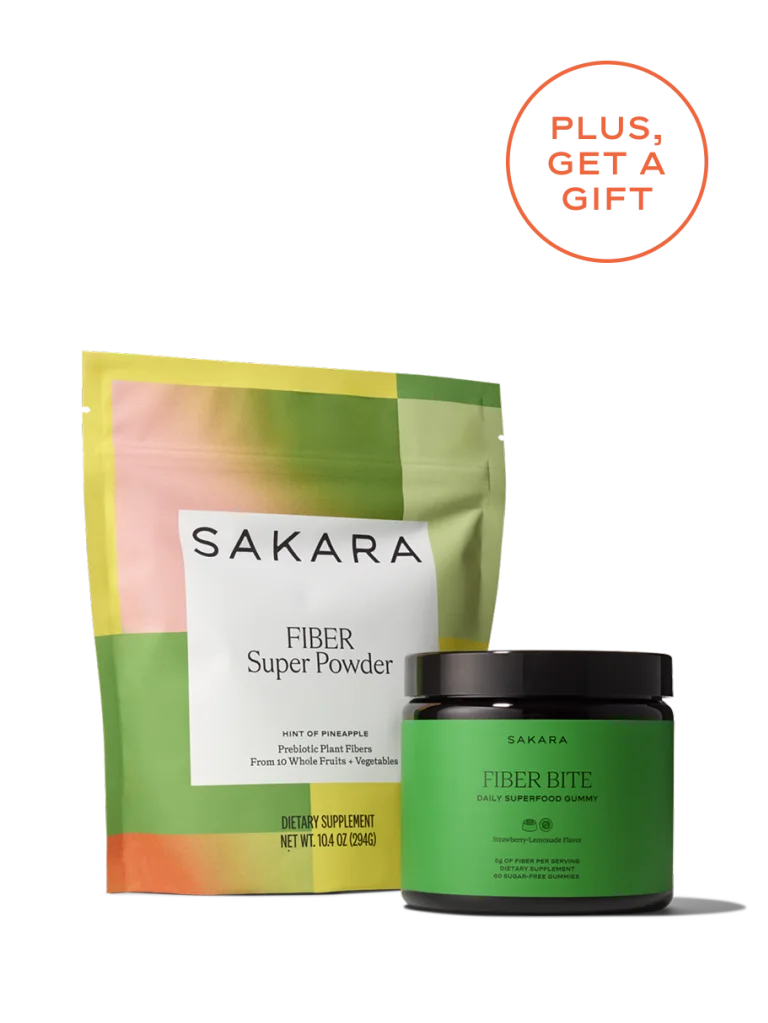Sakara Fiber Super Powder and Fiber Bite packaging against a grey background