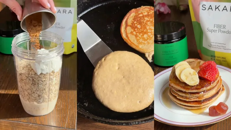 Three-step collage showing Sakara Fiber Super Powder and Fiber Bite used to make pancakes. Left: a hand pours tan fiber powder from a small metal cup into a clear blender filled with oats and liquid, with a green Sakara Fiber Bite jar and yellow-and-white Fiber Super Powder pouch visible in the background. Center: pancake batter cooking in a black skillet, with a spatula lifting a golden-brown pancake. Right: a stack of fluffy pancakes topped with sliced banana, strawberry, and syrup on a white plate, with the green Fiber Bite jar and Fiber Super Powder pouch displayed behind on a wooden surface.