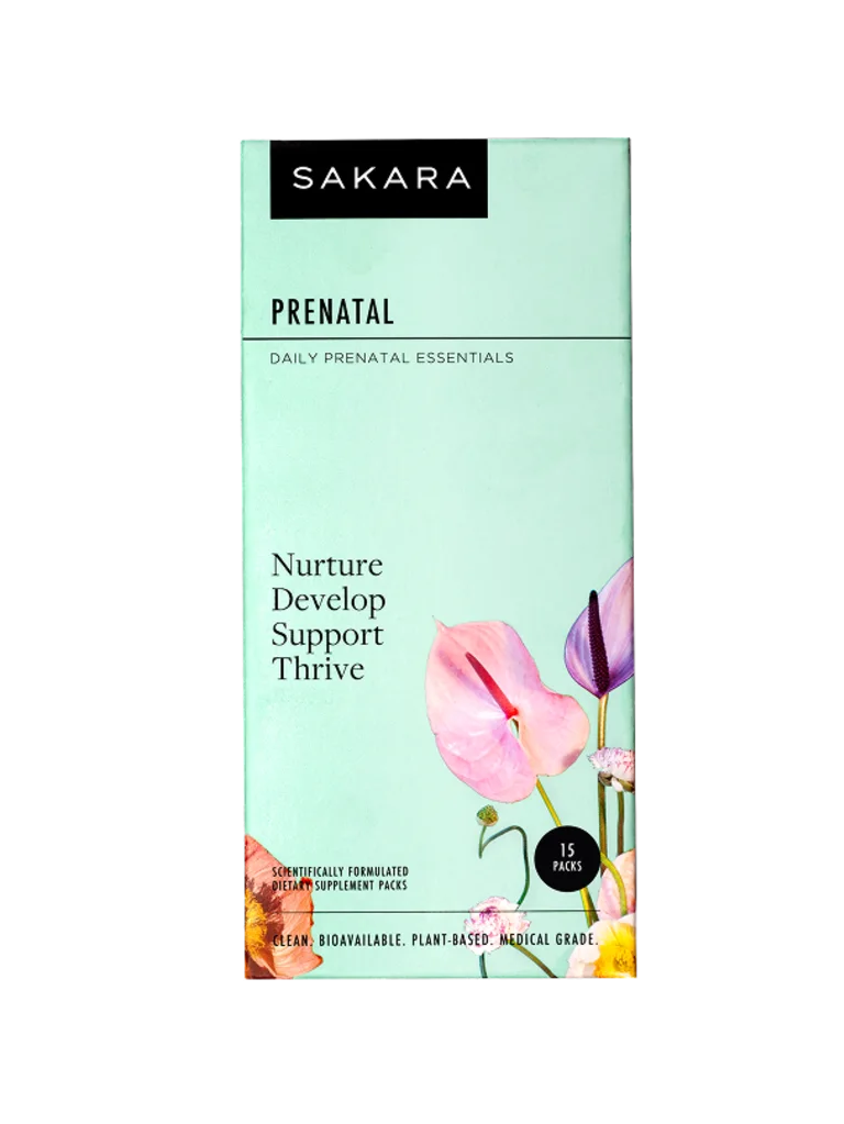 Sakara The Foundation: Prenatal daily prenatal essentials in mint green box, 30 packs, labeled clean bioavailable plant-based medical grade, displayed against a neutral background with floral illustration.