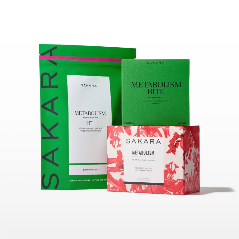 Green pouch of Sakara Metabolism Bite gummies, red floral box of Metabolism Protein Super Bar, and green pouch of Metabolism Super Powder displayed on a white background.