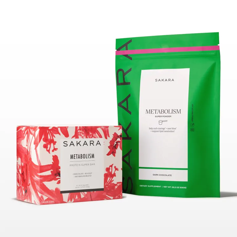 Green metabolism super powder bag with red floral Metabolism Super Bar box on white background