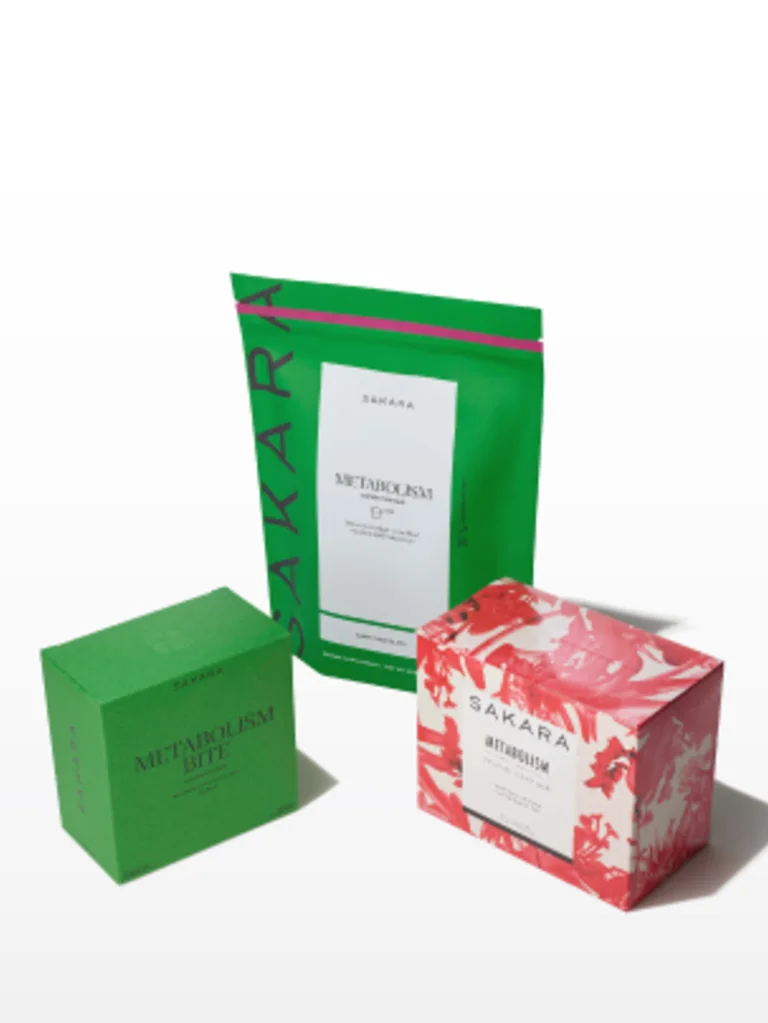 picture of green Metabolism Bite package, green Metabolism Super Powder pouch and red floral Metabolism Super Bar pack against white background