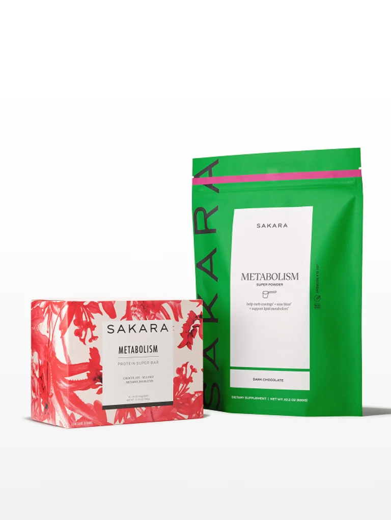 Green metabolism super powder bag with red floral Metabolism Super Bar box on white background