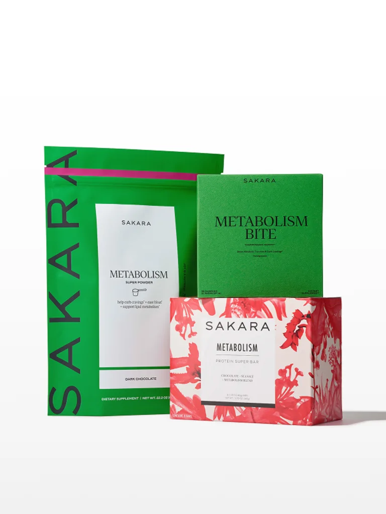 Green metabolism super powder bag with red floral Metabolism Super Bar box and green box of Metabolism Bite on white background